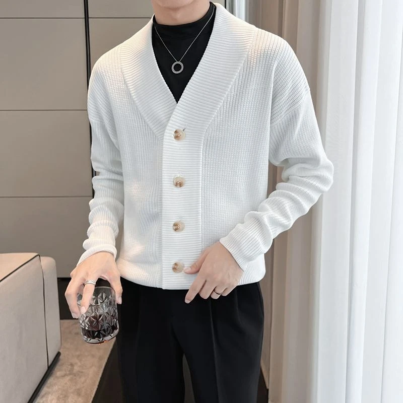 

2025 New Season Men's Casual Loose Knitted Cardigan V Neck Button Up Solid Pure Color Korean Style Relaxed Fit Stylish Outerwear