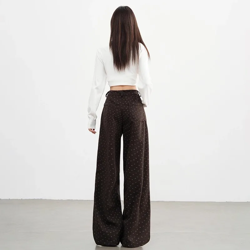Autumn Winter Floral and Frosted Elegant Wide Leg Pants Women Korean Style High Waist Baggy Pants Office Ladies Loose Trousers