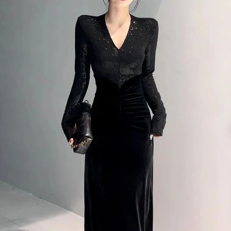 New Patchwork Temperament Ladies Dresses Spring Autumn Slim V Neck Youth Pleated Sexy Midi Dress Fashion Elegant Women Clothing