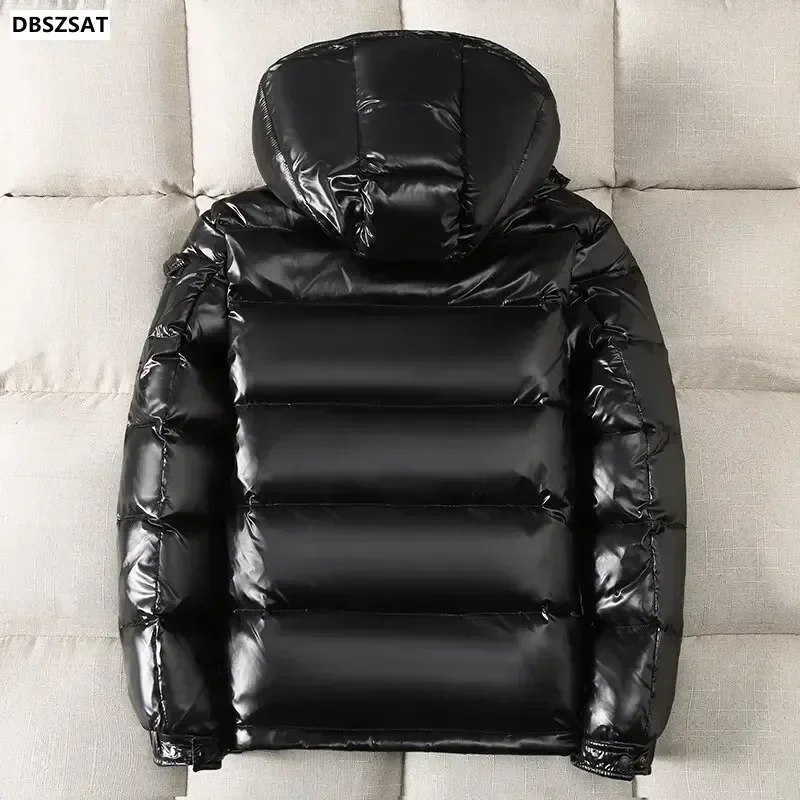 2025  New Winter Bright  Down Jacket  Men Fashion Casual Coat Shiny Hooded Youth Women Thick Warm Glossy Duck Zipper Male White