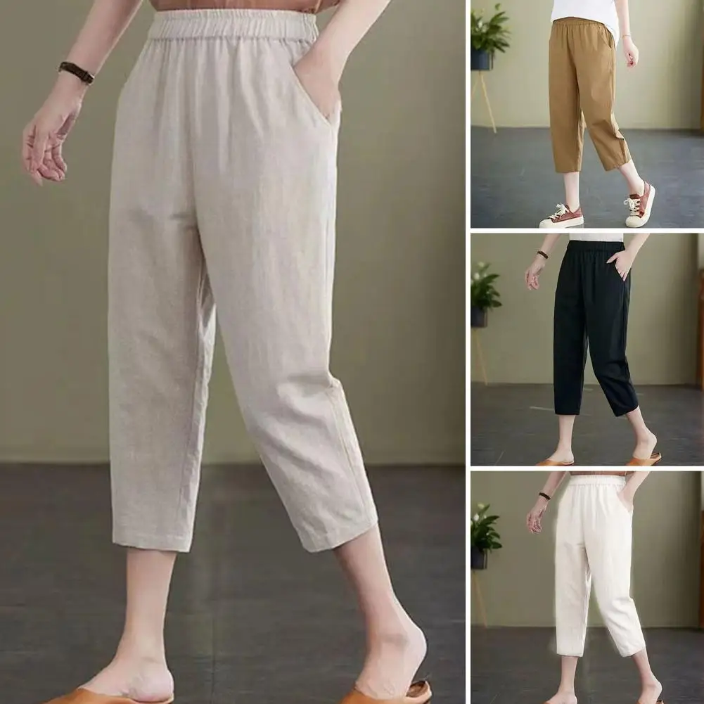 Pantaloni estivi in vita elastica pantaloni Harem a metà polpaccio da donna alla moda tasche elastiche in vita tinta unita per abbigliamento Casual estivo sciolto