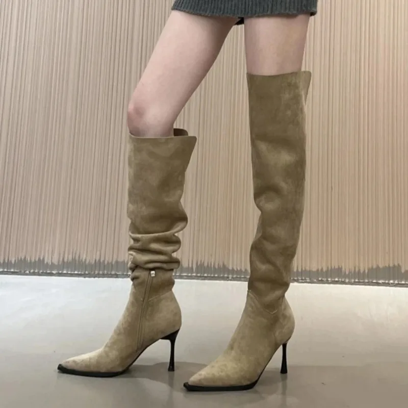 New Light Luxury Korean Version Pointed Toe Women's Thin-heeled Boots Foreign-style Pile Boots High-heeled Knee-length Boots