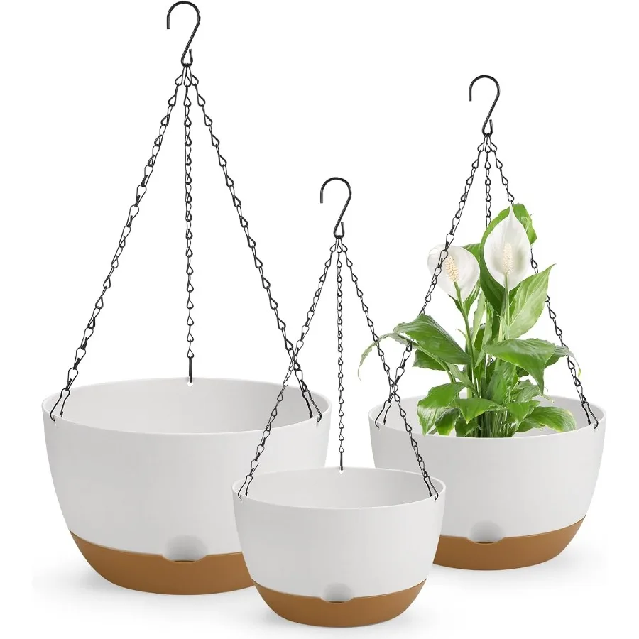 

Set of 3 White 12 10 8 Inch Hanging Plastic SelfWatering Planters with Drainage Holes and Saucers for Indoor Outdoor Garden Pla