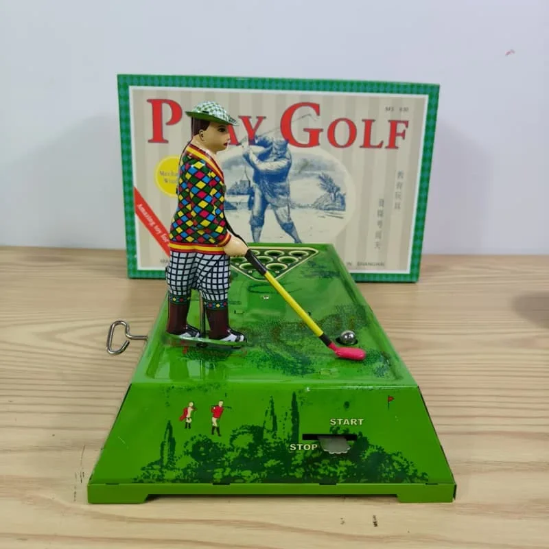 [Divertente] Collezione per adulti Giocattolo a carica retrò Barattolo di metallo che gioca con la pallina da golf sportiva Giocattolo meccanico Figure a orologeria modello regalo per bambini