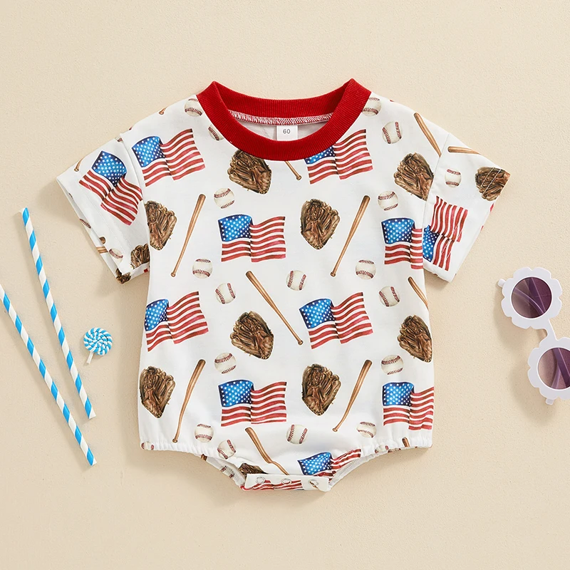 

Newborn Baby Boy Girl Baseball Romper Flag Print Short Sleeve Bubble oversized Bodysuit Infant 4th of July Clothes