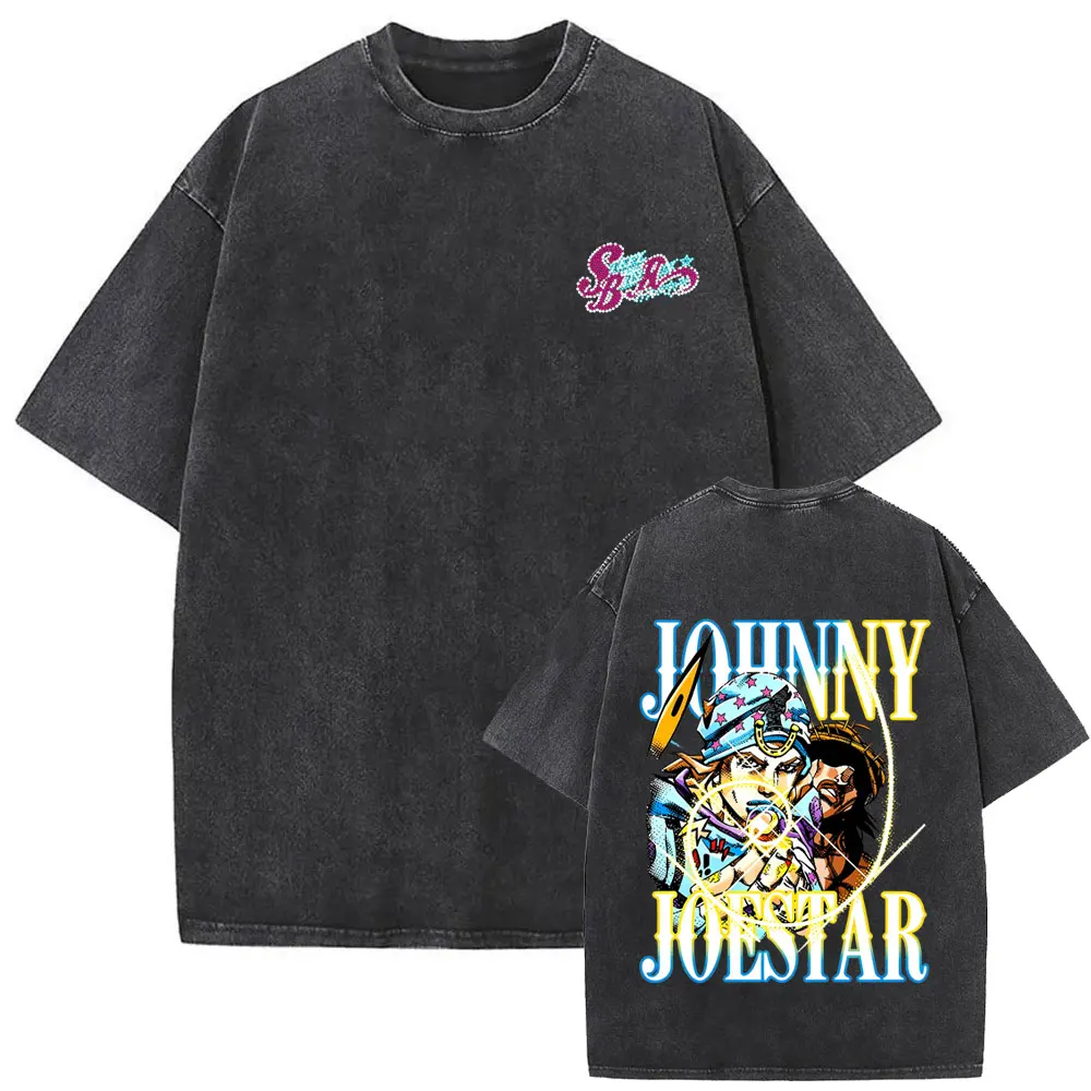 Anime Jojo Bizarre Adventure Steel Ball Run Johnny Joestar Vintage Washed T-shirt Men Women Manga Casual Retro Oversized T Shirt
