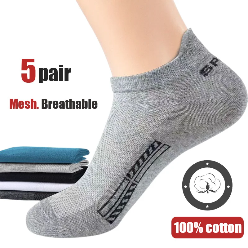 5 Pairs  Men Ankle Socks Summer Thin Mesh 100% Cotton Non-Slip Sports Socks Casual Athletic Cut Short Sokken Size 38-46