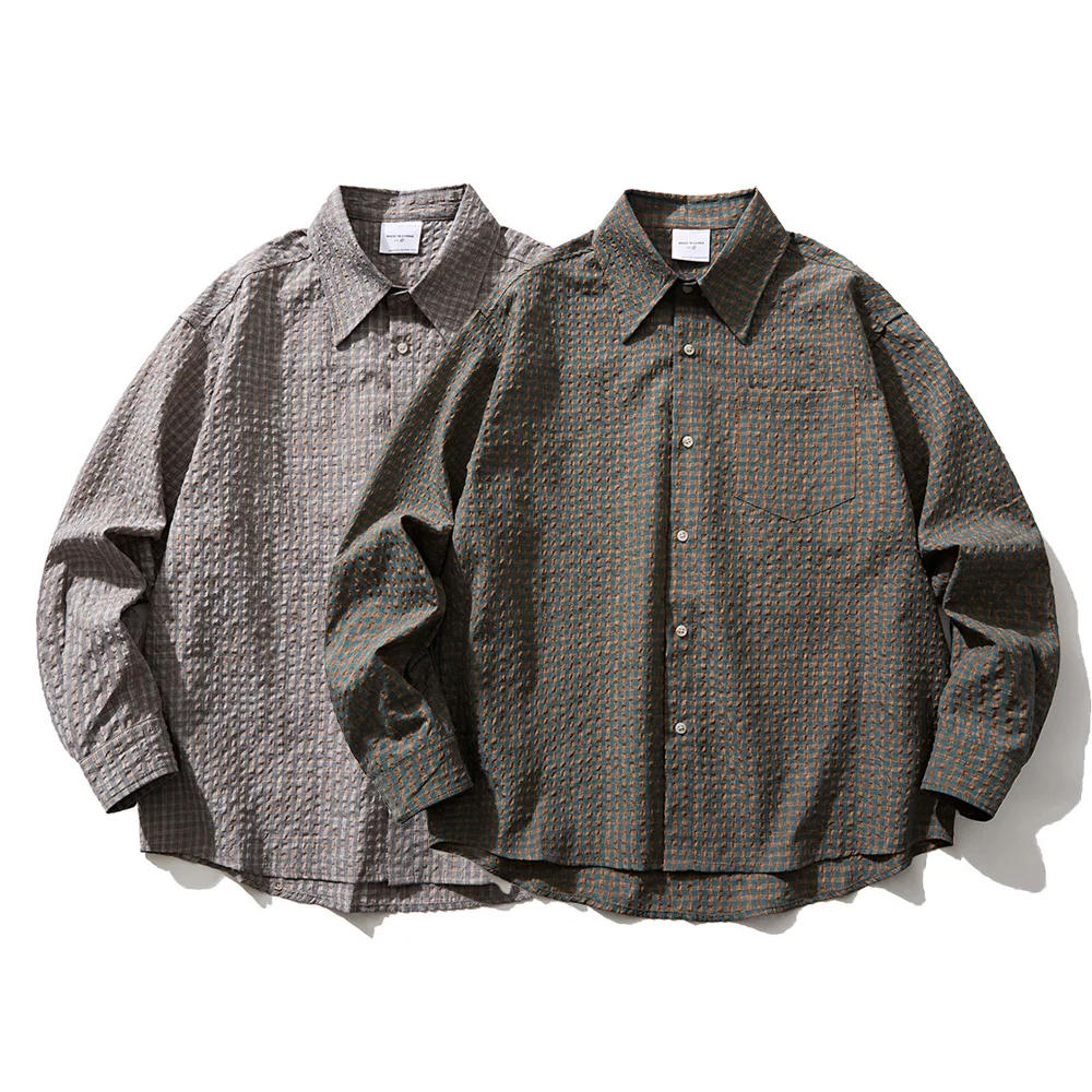 

Seersucker Plaid Shirt Men Women Streetwear Fashion Loose Casual Oversize Long Sleeve Cargo Shirt Unisex Couple Blouses Clothes