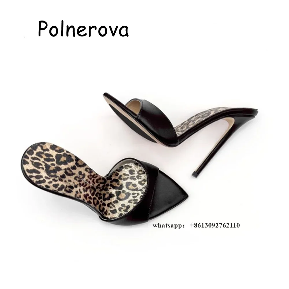 Satin Leopard Base Slippers Pointed Toe Thin High Heels Women\'s Shoes Summer Casual Sexy Slip On Party One Word Belt Slippers