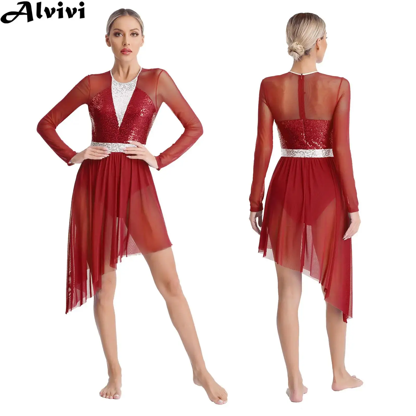 Women Figure Skating Lyrical Dance Dance Dress Long Sleeve Sheer Mesh Sequin Leotard Ballet Gymnastics Performance Dancewear