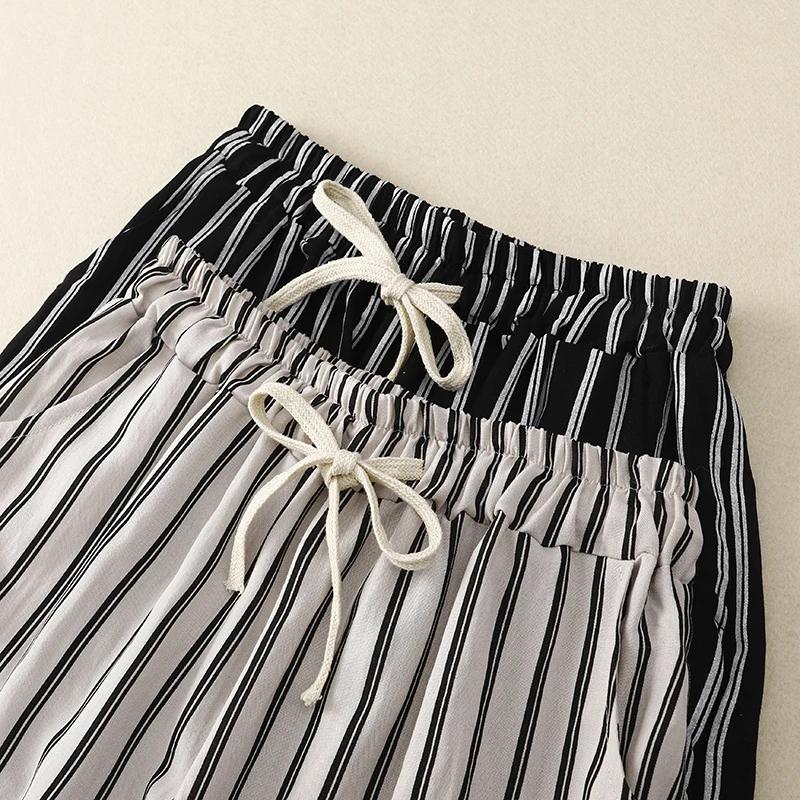 Pantalon décontracté en coton et lin à jambes larges, rayé, neuf Points, ample, assorti à tout, taille en l, pantalon large pour dames