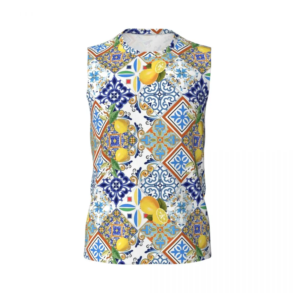Mediterranean Tiles And Lemon Men Printed Sleeveless T-shirt Casual Hip Hop Street Style Beach Holiday Tank Tops