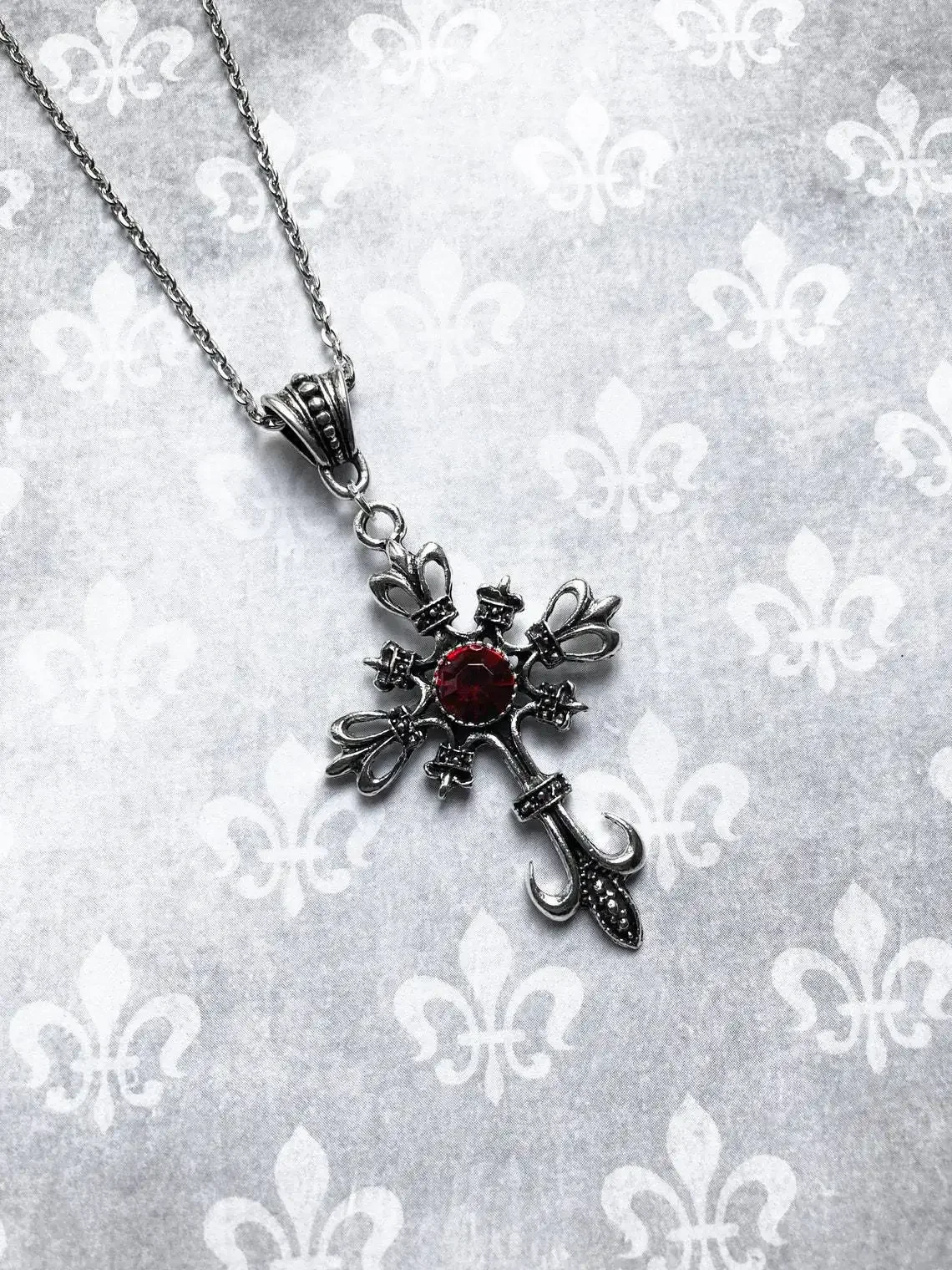 Vintage Ruby Cross Necklace Gothic Dark Fashion Pendant Necklace