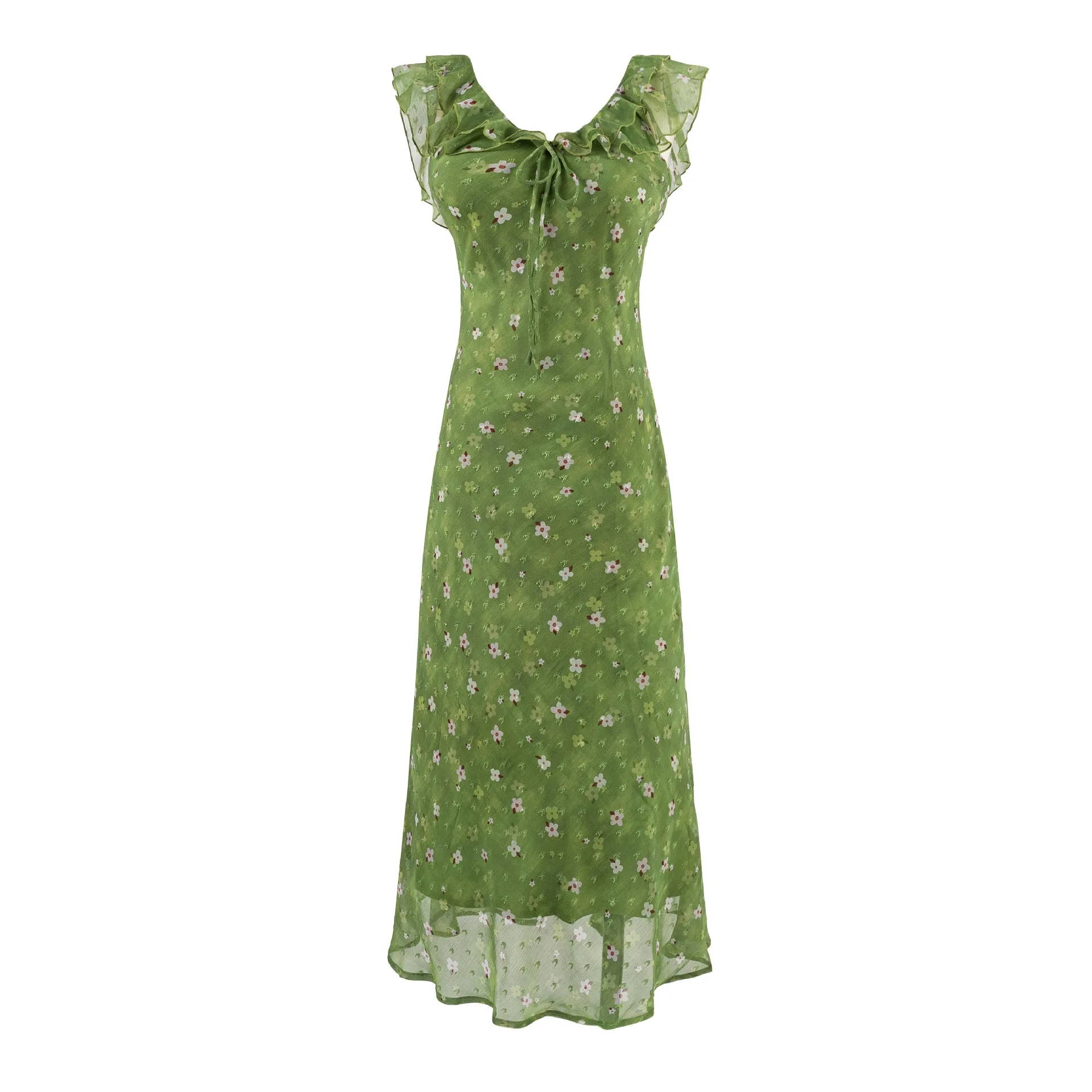 

Summer Green Floral Print Ruffle Neck Tie Mesh Maxi Dress Women Sleeveless Slim Fit Casual Dresses New