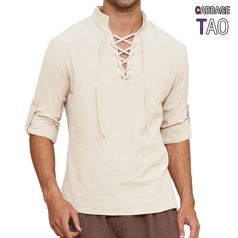 Mens Medieval Retro Long Sleeve Lace-Up Shirt Renaissance Gothic Tops Halloween Costume Breathable Vintage Streetwear Tee