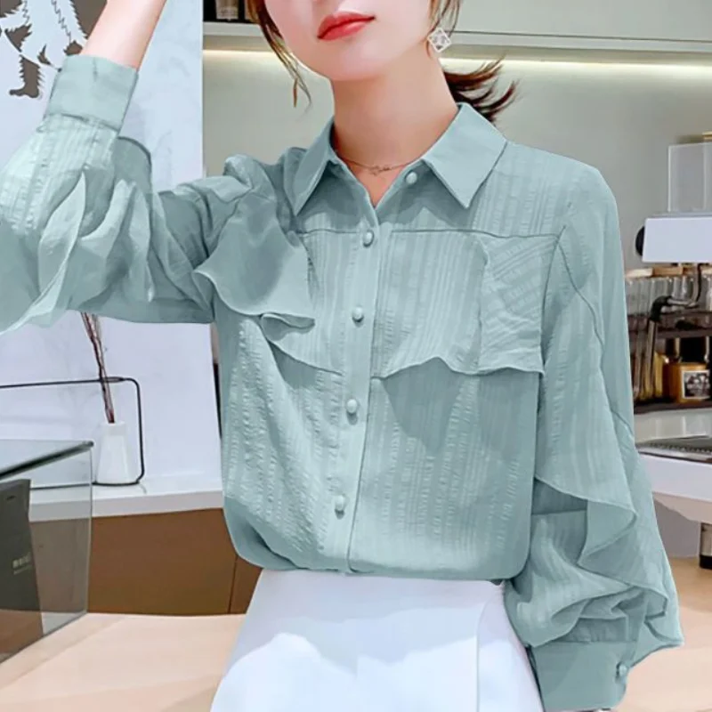 

Women's Spring Summer Korean New Polo Collar Chiffon Shirt Fashion Elegant Button Splicing Casual Versatile Long Sleeved Tops