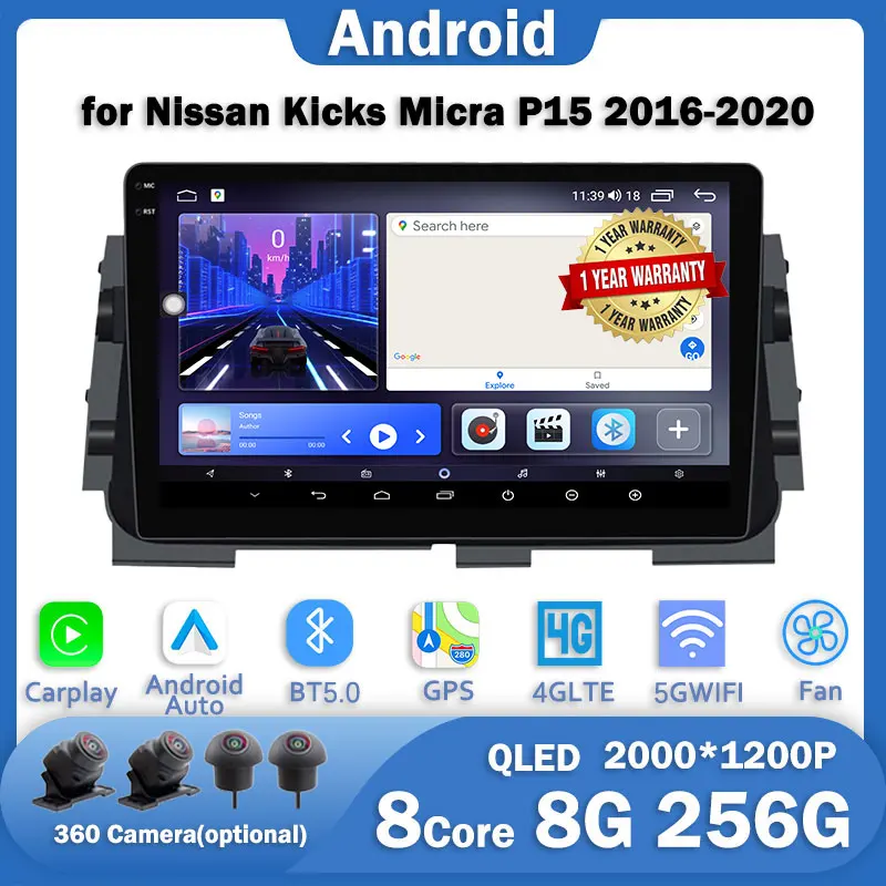 

9 дюймов Android 14 Автомобильный Carplay Android Auto Радио для Nissan Kicks Micra P15 2016-2020 Мультимедийный плеер GPS RDS 4G LTE и WIFI