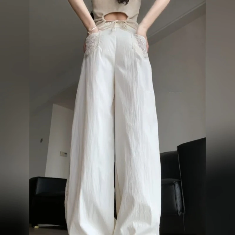 American Retro Lace Design Stitching Pants Female 2025 Summer High Street Straight Loose Wide Leg Drop Casual Pants