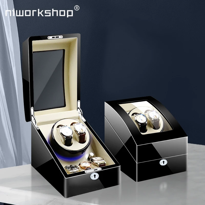 Niworkshop Automatic Watch Winder, 2 Slots Watch Safe Box with 3 Watch Storage Places, Key Unlocking,LED Light, Quiet Motor