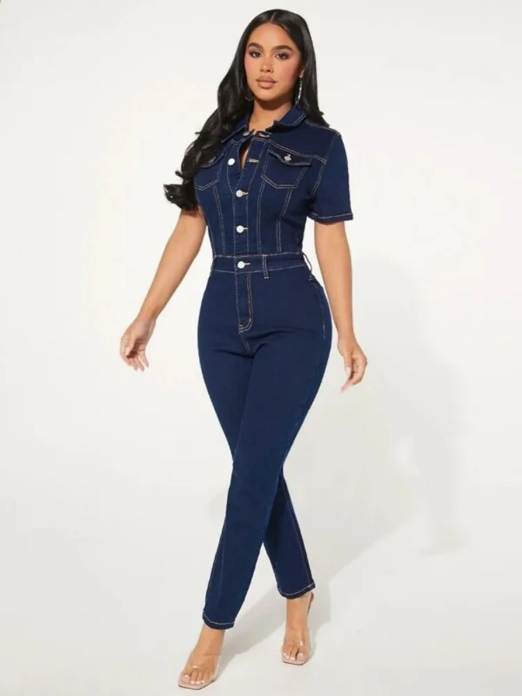 Women's Fashion Denim Jumpsuit Ladies Winter Solid Color Short Sleeved Lapel Single-Breasted Jeans Jumpsuit For Women