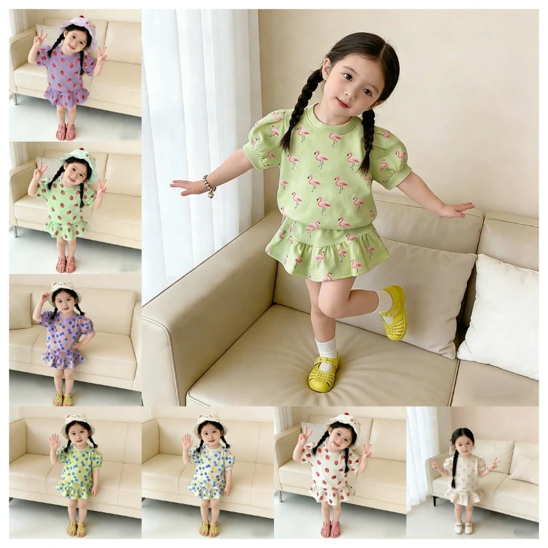 

Kids Summer Short Sleeve Top with Stylish Girls Print Skirt Two-Piece Set, Small Big Children Outfit & Fashion Collection