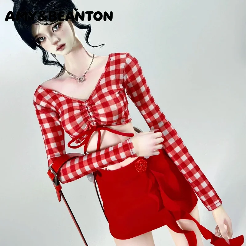 BJD 1/3 1/4 Doll Clothes Pure Desire Retro Red Plaid Top Ruffled Bodycon Skirt Two Pcs set Doll Outfit For Girl BJD Doll Costume