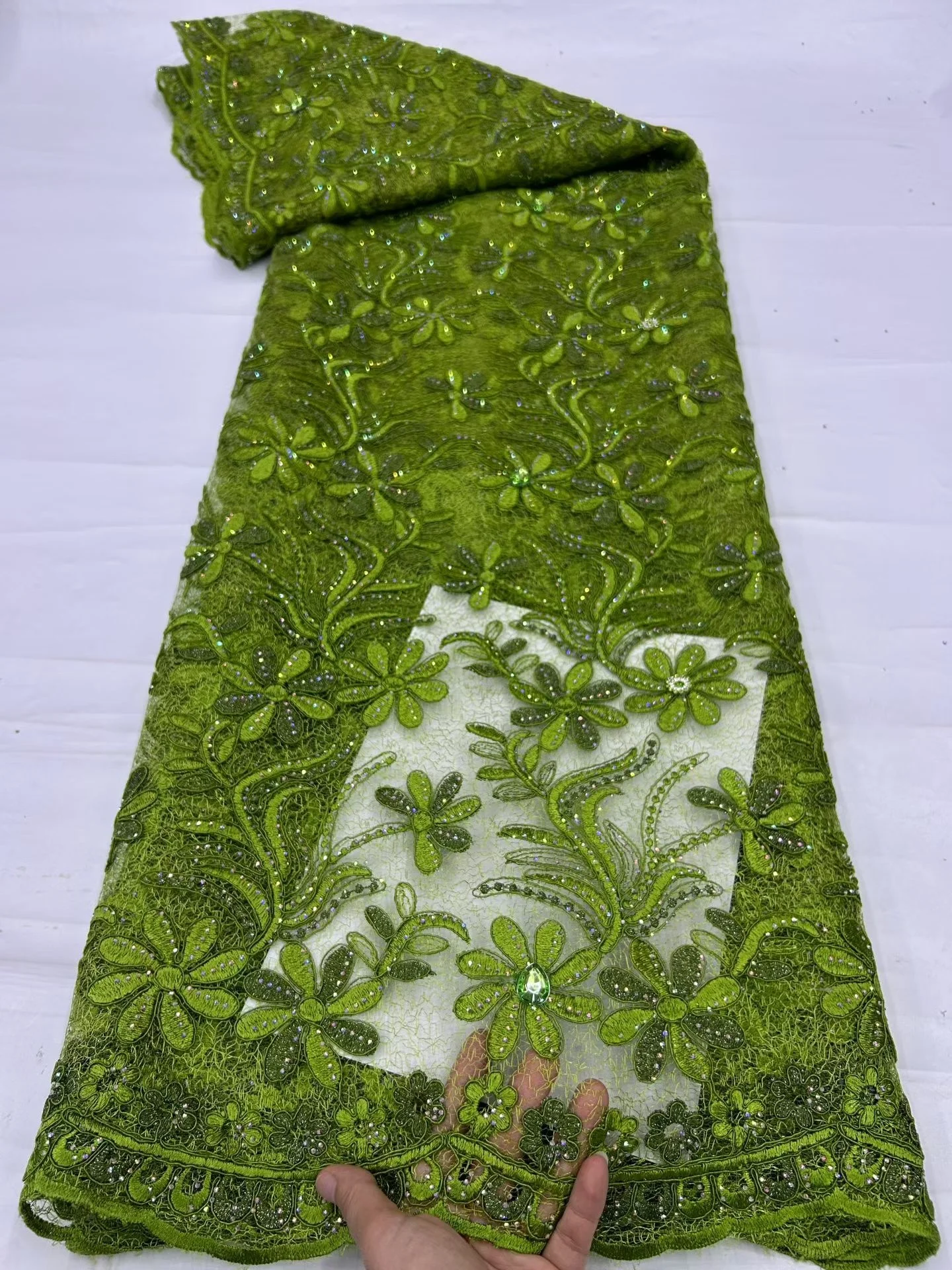 Top Grade Handcut African Nigerian Sequins Tulle Lace Fabric Sewing Net Cloth Prom Dresses Beads Embroidery High Quality HD114