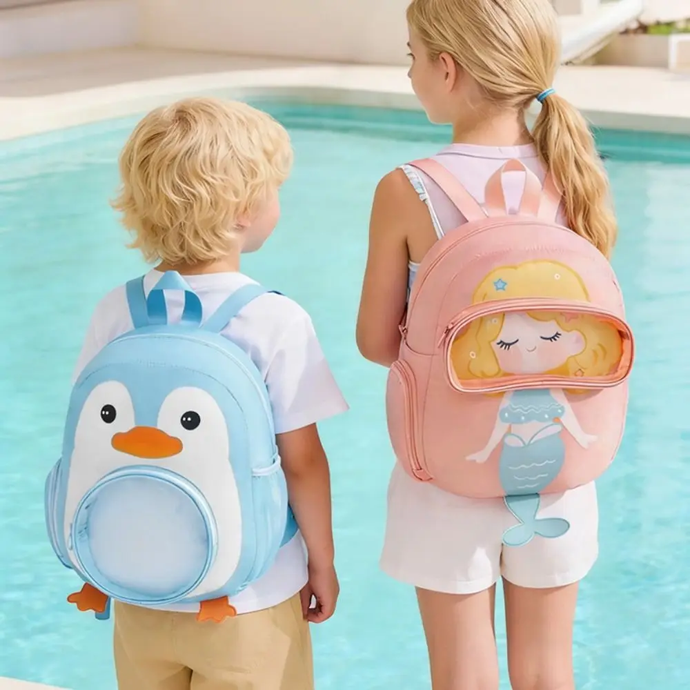 Cartoon Print Kids Swimming Backpack Large Capacity Transparent Window Children Swim Bag Carry Loop Dry Wet Separation