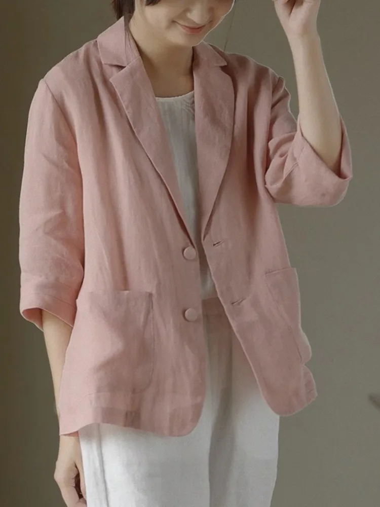 Casual Loose Women's Linen Suit Jacket Small Outerwear Pure Color Cotton Linen Top Open Front Style Spring Season Fashion