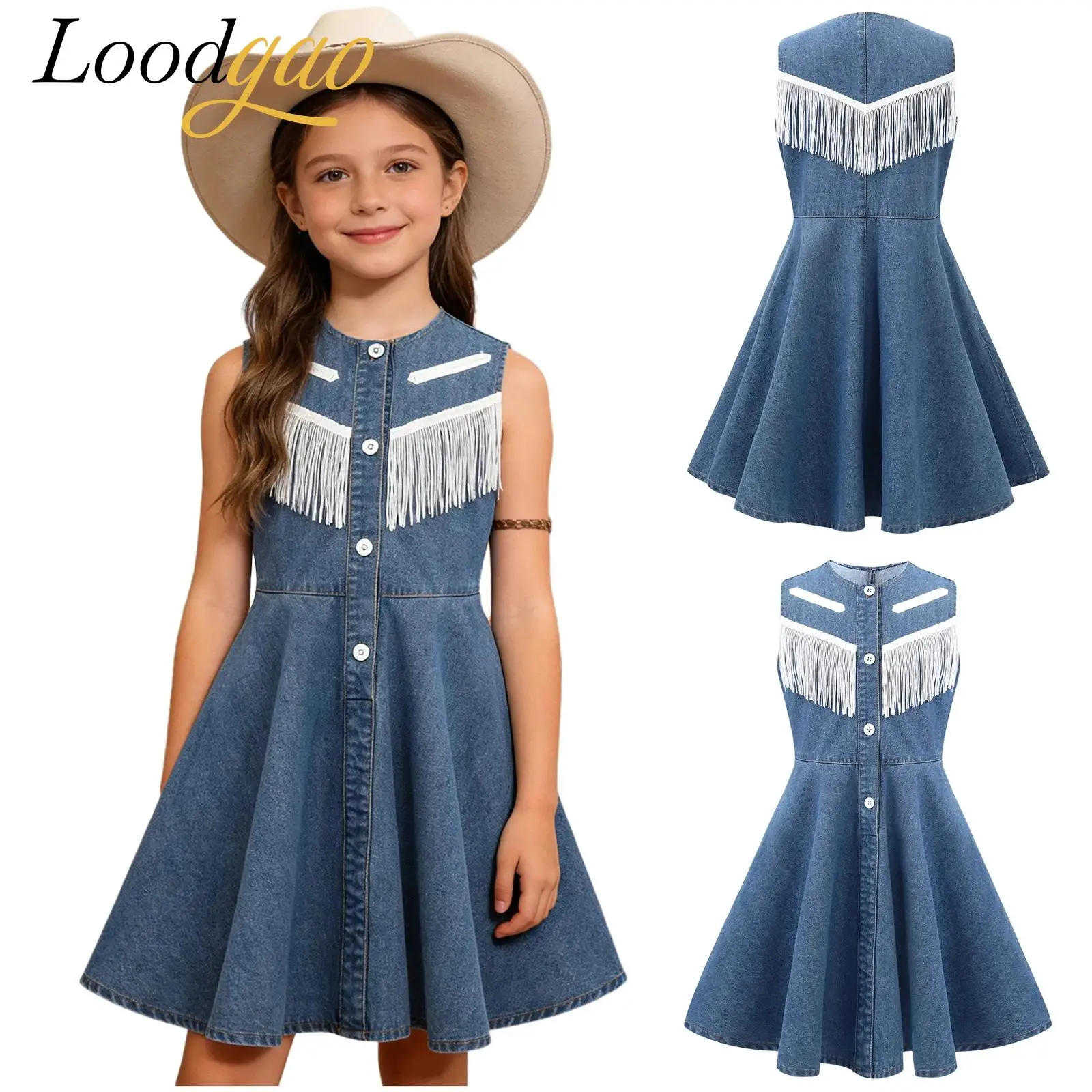 

Girls Western Cowgirl Costume Halloween Cosplay Cowboy Tassel Denim Dress Hippie Cowgirls Role Play Dress Carnival Party Wear