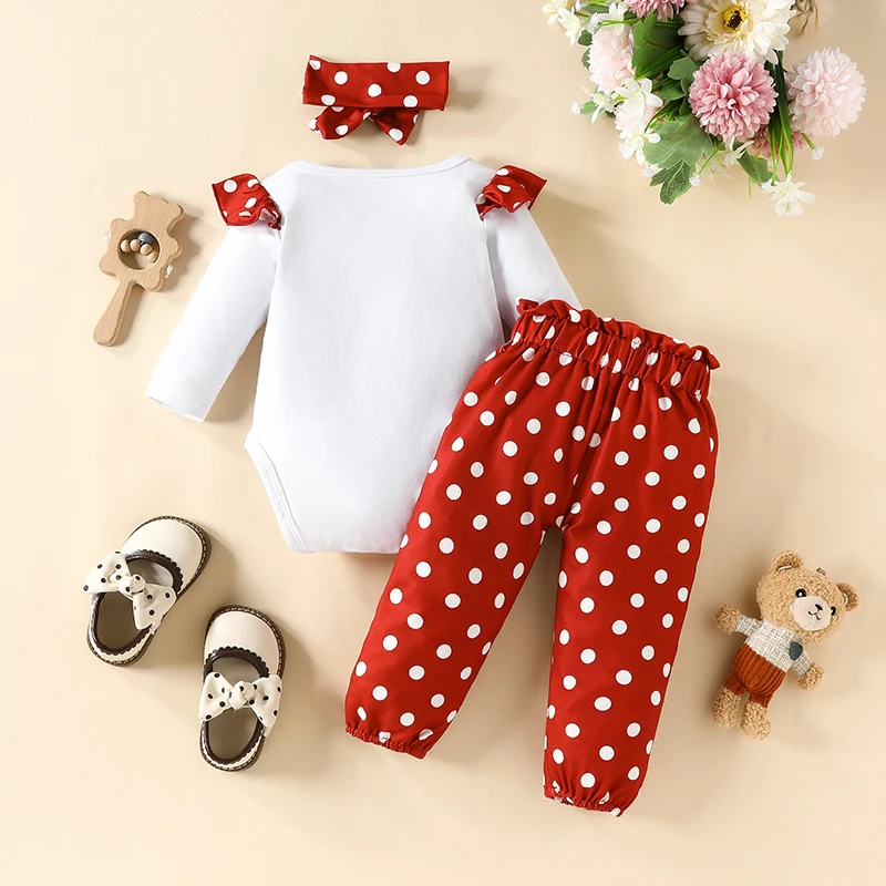 0-18 Months Baby Girl Clothing Suits Long Sleeve Bow Bear Onesie Polka Dot Elastic Pants 3Pcs Sets Infant Outfit