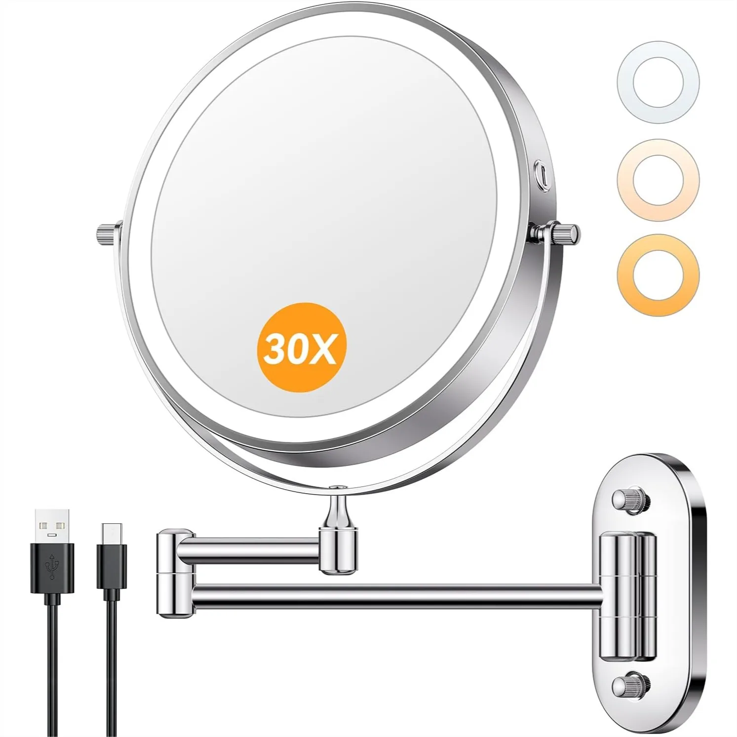

8 Inch Wall Mounted Makeup Mirror With Light, 1X/30X Double Sided Magnifying Mirror, Rechargeable Touch Dimmable 3 Color LED, 360 Rotation Foldable Extended Arm For Bathroom