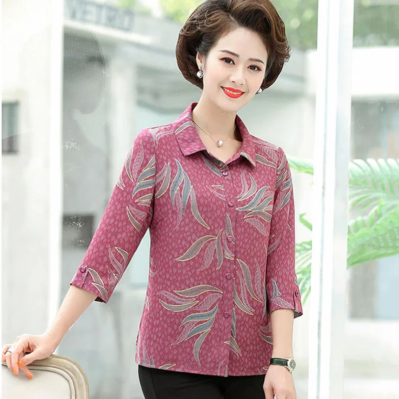 Spring And Summer Middle-aged And Elderly Loose Silk Satin Casual Shirt Women's Three-quarter Sleeve Printed Button Shirt Top6XL