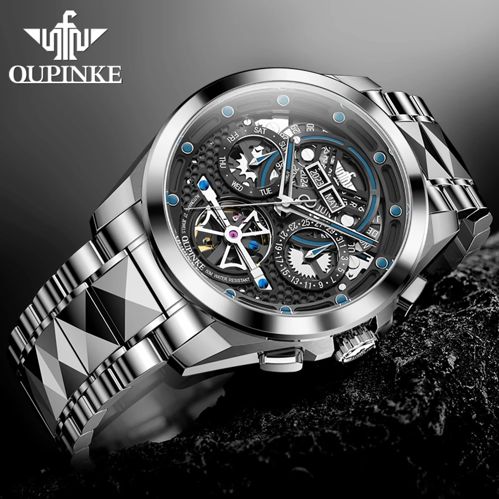 OUPINKE 3249 Mechanical Watch for Men Swiss Certification Multifunctional Hollow Flywheel Dial Luminous Automatic Man Watches