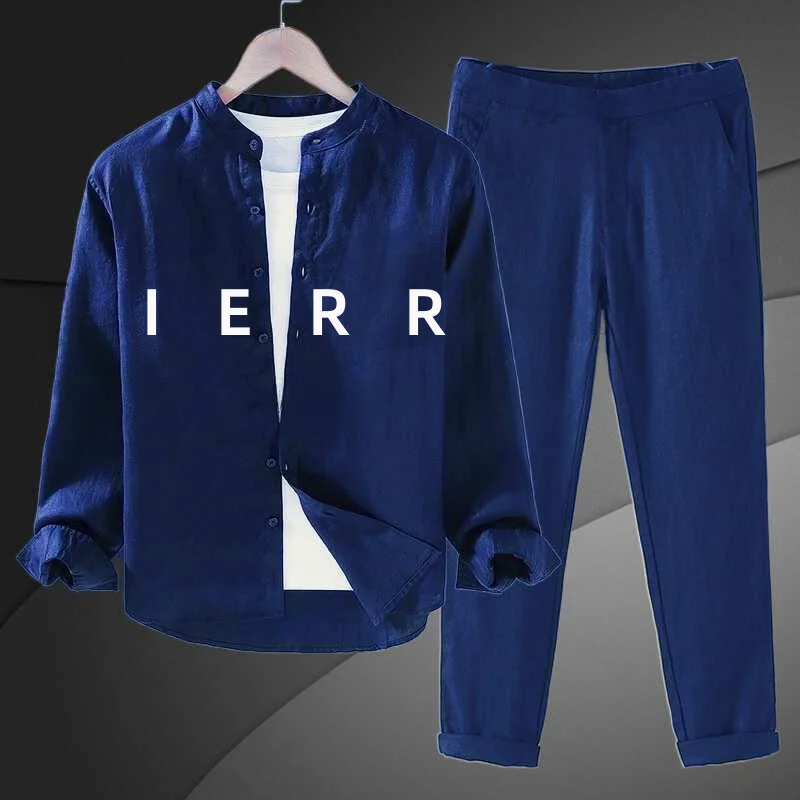 

Casual Long Sleeve Cotton Shirt Men Loose Workwear Dark Blue Stand Collar Simple Shirt Spring Autumn Style 2026 Trend