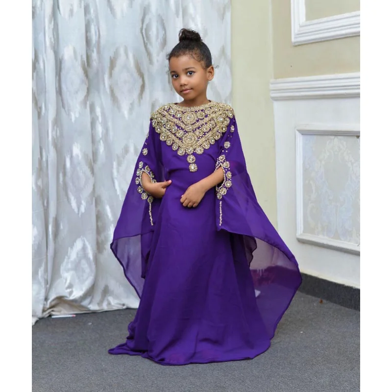 Purple Dress Dubai Girl Children Abaya Moroccan Long Shirt Children's European and American Fashion Trend