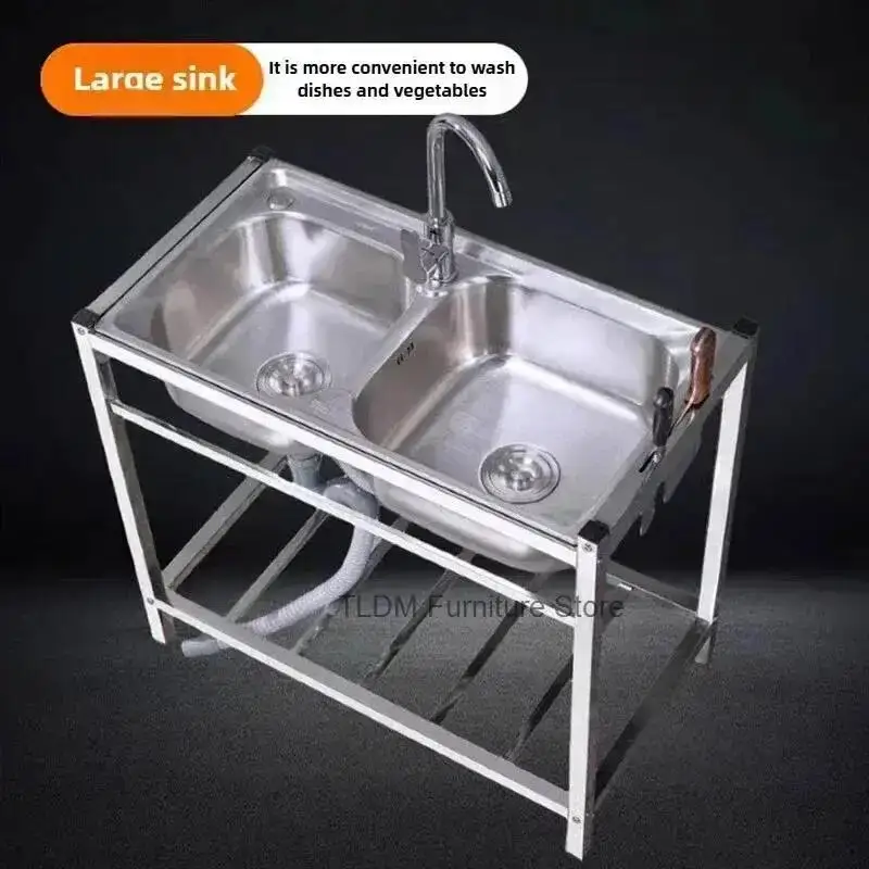 With Bowls Washing Basin Stainless Steel Kitchen Sink Floor-standing Bracket Multifunctional Washbasin Double Thickened Basin