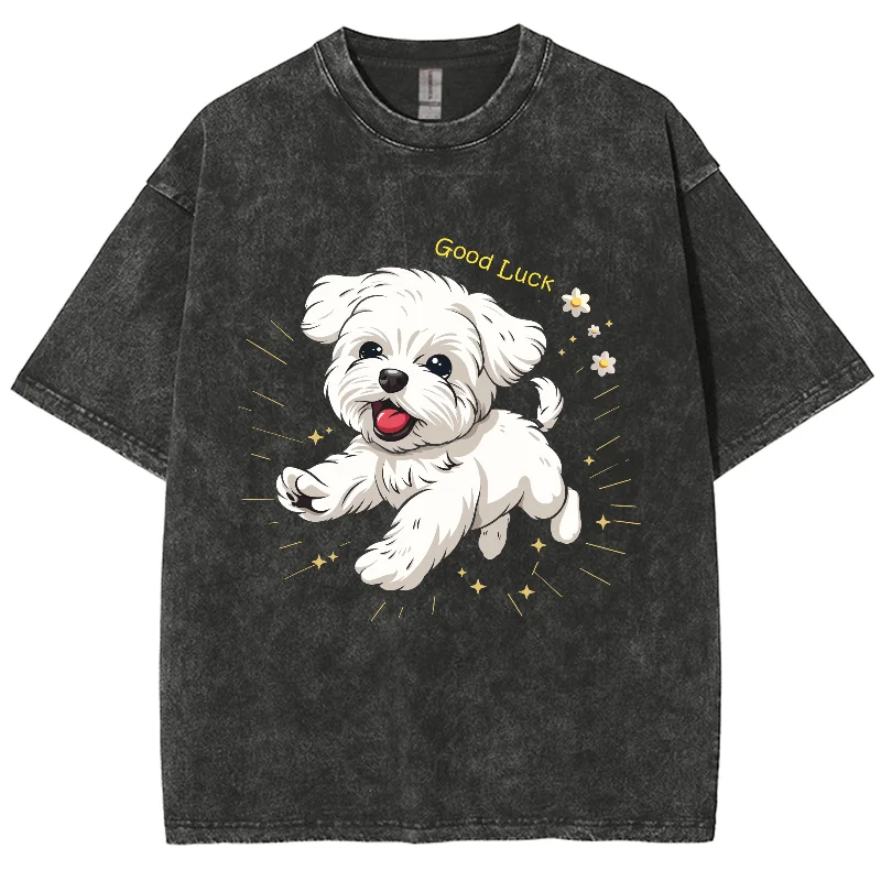 

White Cute Puppy Print Ladies T-Shirt Wash Denim Oversized Short Sleeve Teenage Sweetheart Gentle Top 2024 Summer Basic Tee