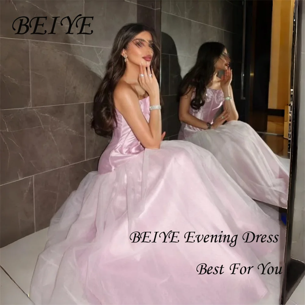 BEIYE Nowoczesna Różowa Satynowa Suknia Wieczorowa w Kształcie Litery A, Kwiaty, Bez Ramiączek, Odkryte Plecy, Plisowana Tiulowa Suknia na Przyjęcie, Szyta na Miarę فساتين سهرة