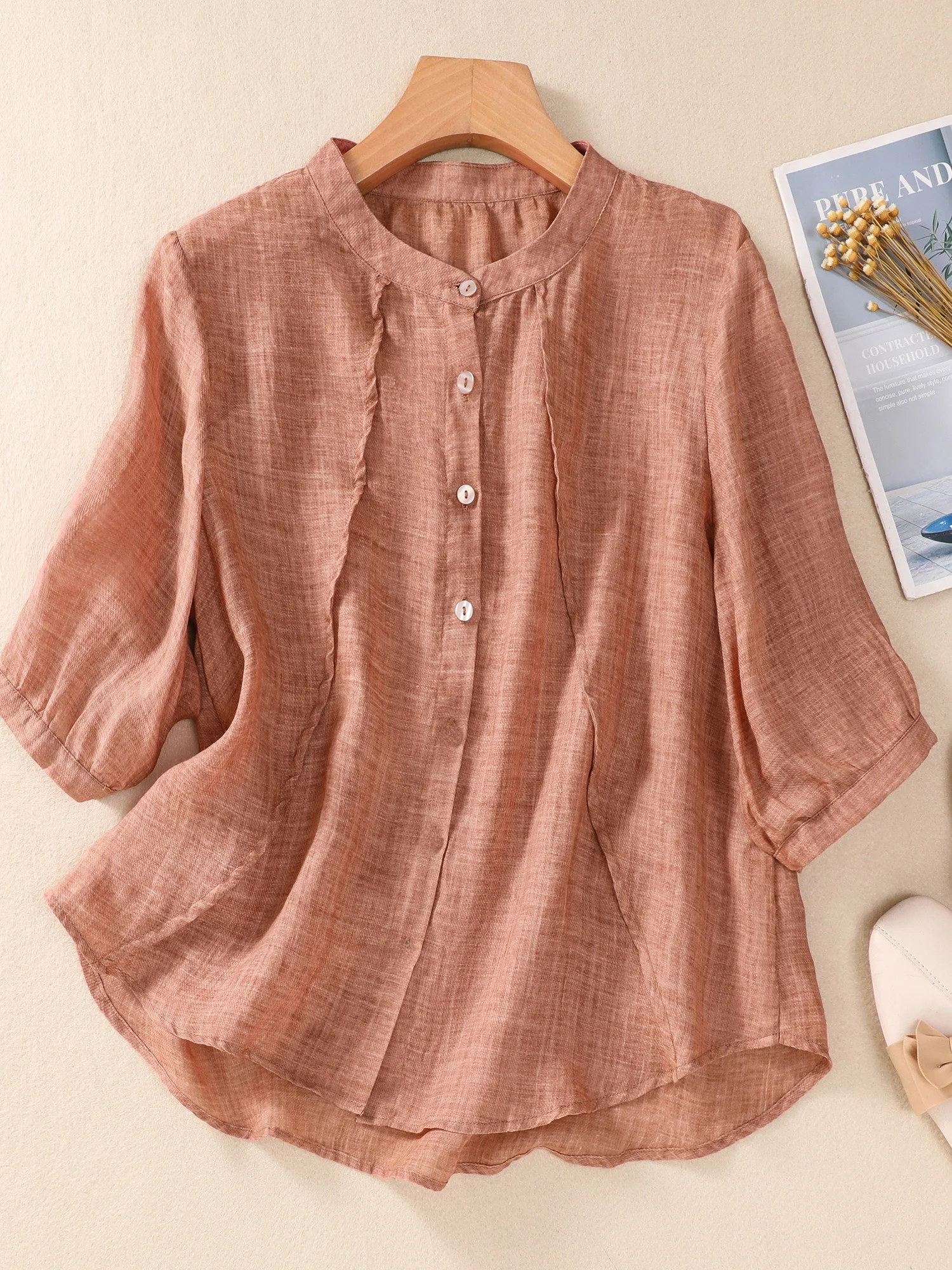 

Summer Cotton Linen ort Sve irt Women's Faion Slimming Cardigan Artistic Versatile Commute Sle Stand Collar T-irt