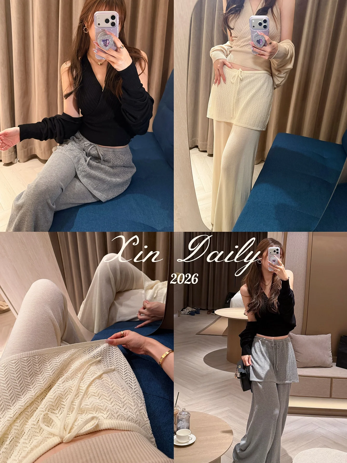 

XinDaily Casual Knitted Hooked Flower Long Pants Drawstring Leisure Curtain Pants Holiday Women's Elastic Waist Wide Leg