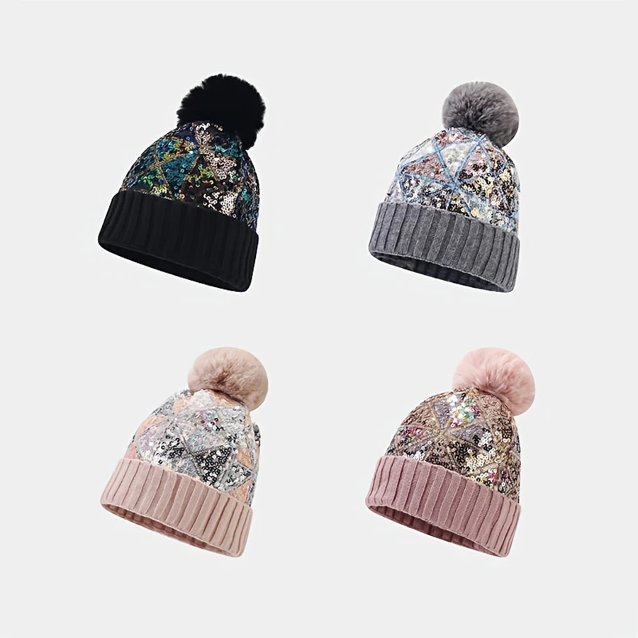 Colorful sequin knitted hat for women in autumn and winter, versatile on the streets, thickened warm fur ball, ear protection, a