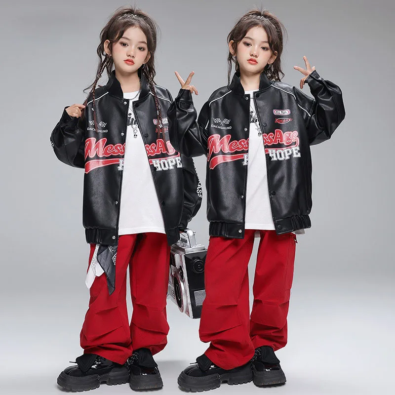 Kid Cool Hip Hop Clothing Black PU Leather Motorcycle Jacket Red Casual Wide Pants for Girl Boy Jazz Dance Wear Costumes Clothes