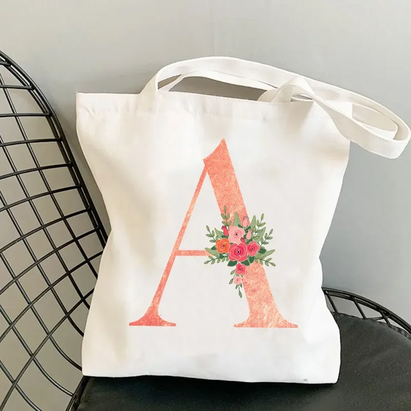 

Harajuku Shoulder Bags Flower Letter Font A B C D E F G Eco Flower Shopper Bag Shopping Canvas Tote Casual Large-capacity