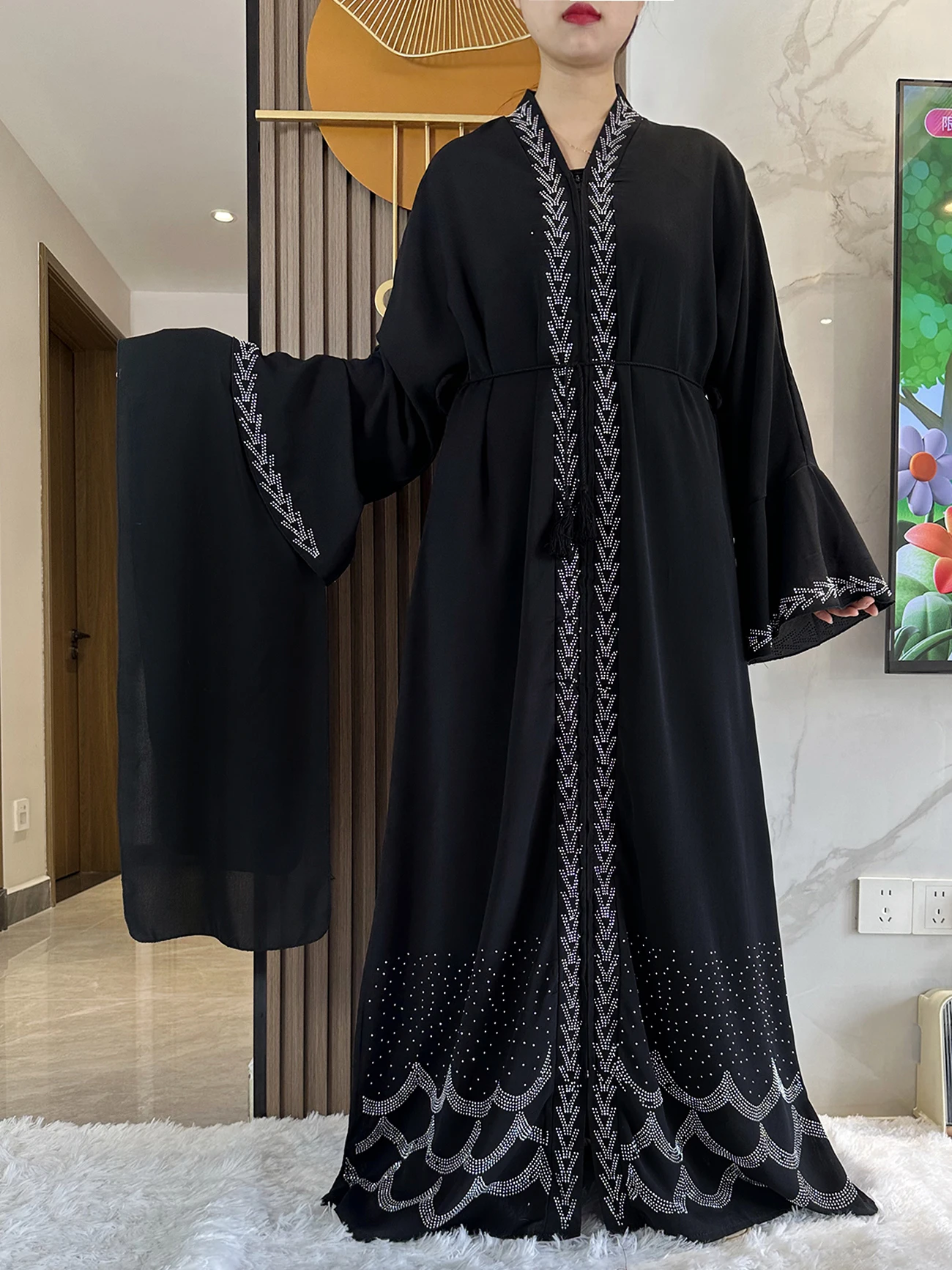 2024 Women Elegant Dress Dubai Party Outfits Long Sleeve Chiffon Rhinestones  Muslim Women Robe Open African Abaya Clothing