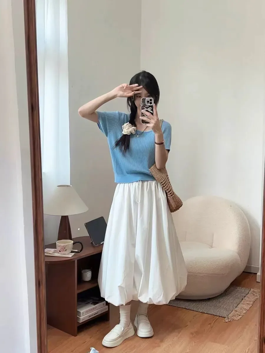 

Summer New High Fashion Solid Color A-line Skirt Women Mid Length Elastic High Waist Skirts Versatile 2024 Spring New Clothing