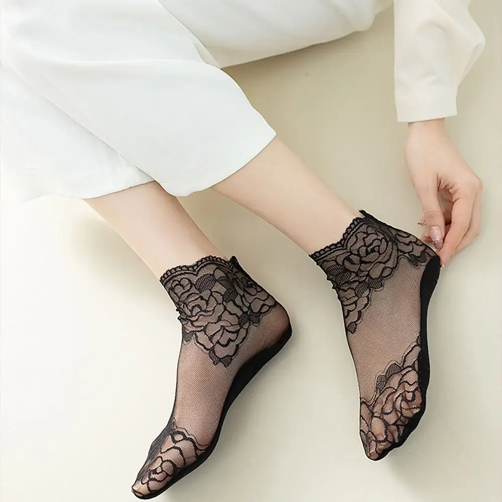 1pair Breathable Lace Flower Transparent Socks Mesh Anti-slip Invisible Ruffle Sock Cotton Ankle Socks Female
