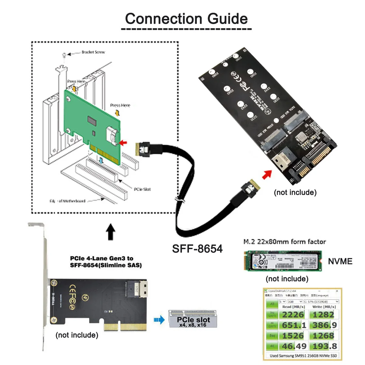 Cabo com Slim SAS para PCI-E Slimline, Host Target, NGFF, 40 pinos, 38Pin, 50cm, NGFF