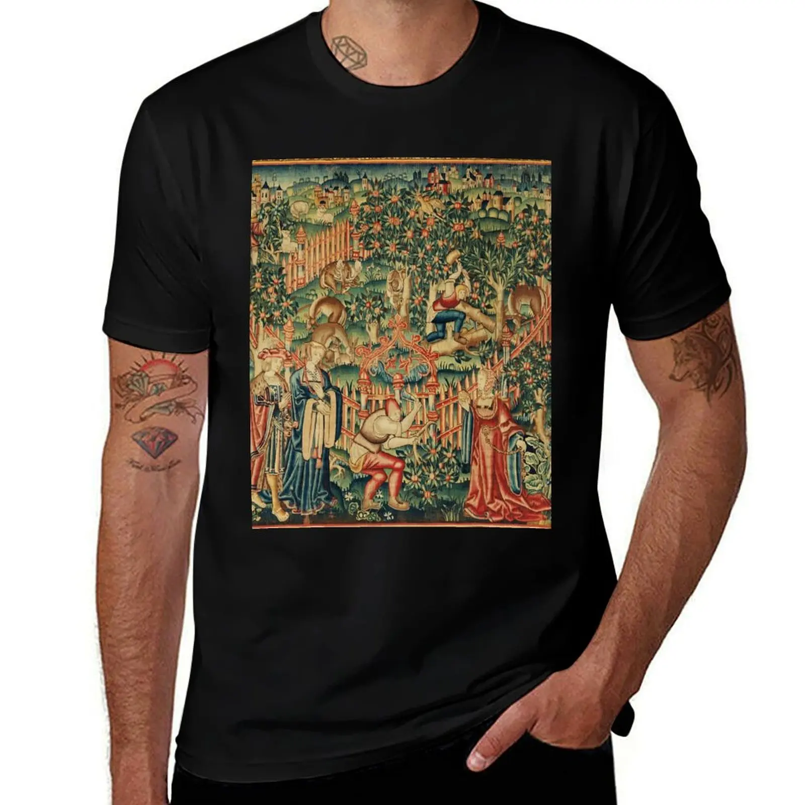 WOODCUTTERS WORKING ON A DEER PARK Antique Hunting Tapestry T-Shirt Minimalist Graphic Tee Shirt T-Shirt