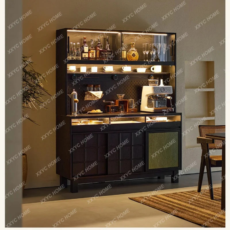 XXMuyu Retro Solid Wood Sideboard Wall-Mounted Integrated Storage Cabinet White Ash Living Room Black Storage Wine Cabinet